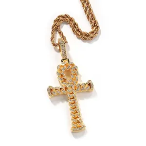 Hip Hop Men Ankh Cross Pendant Necklace Copper Inlaid Zirconia Iced Out Retro Jewelry Gift For Men Gold Silver Plated