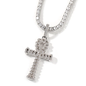 Silver plated Ankh cross pendant necklace with sparkling cubic zirconia tennis chain