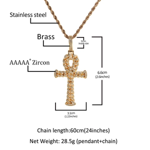 Hip hop gold Ankh cross pendant necklace with AAAAA+ cubic zirconia and twist chain