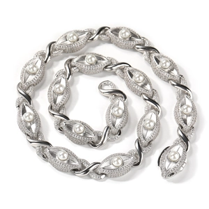 Hip Hop Koper Zirkonia Oog Schakelketting Met Witte Kunstparel Voor Heren Tweekleurig Goud Zilver Pave CZ Sieraden