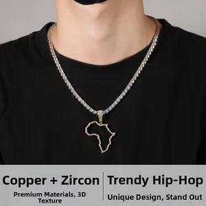 Close-up of hip-hop copper necklace with zircon inlaid hollow Africa map pendant