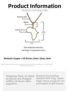 Technical diagram of Africa map pendant showing dimensions 5.9x4.1cm and 60cm chain length