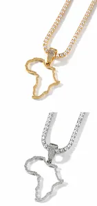 Detailed view of hip hop Africa map pendants with tennis chains in gold and silver finish