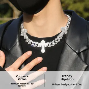 Close-up of hip hop cuban link necklace with zircon-studded crosses on male model