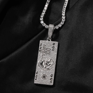 Hip hop 100 dollar bill pendant necklace with iced out silver plating and zircons