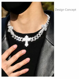 Hip hop silver Cuban chain with diamond-encrusted crosses worn by a male model