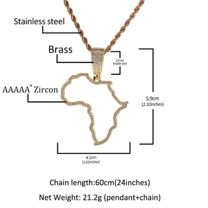 Copper African map pendant with AAAAA+ cubic zirconia and 60cm stainless steel twist chain