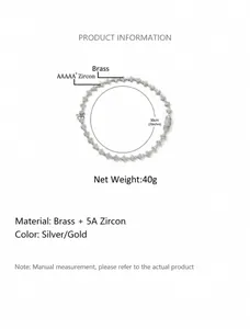 Detail of 10.8mm brass necklace with 5A zircons, 50cm length in silver and gold finish