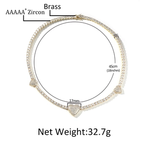 Messing tennisketting met AAAAA+ zirkoon hart hangers en een lengte van 45 cm