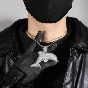 Detail von Hip-Hop Delfin Anhänger mit 5A Zirkonia an silberner Kordelkette