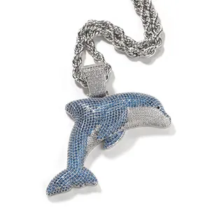 Iced Out Delfin Anhänger Halskette Für Herren Damen Hip Hop Kupfer Eingelegt Zirkonia Blau Weiß 24 Zoll Kordelkette Schmuck