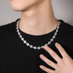 Hip-hop silver butterfly choker necklace with paved white zircon stones on male model