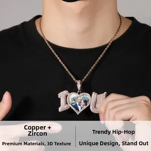 Detail of hip hop photo pendant with I Love You lettering and pavé set zircons
