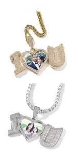 Detail showing hip hop photo frame pendant necklaces with zircon in gold and silver