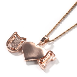 Hip hop rose gold I Love You heart pendant with zircon on twist chain necklace