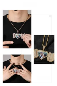 Detailed view of hip hop custom photo heart pendant with pavé cubic zirconia and rope chain
