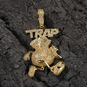 Collier hip hop avec pendentif sac d'argent TRAP et oxydes de zirconium brillants
