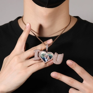 Detailed view of Hip Hop I Love You pendant necklace with custom photo and zircon inlay
