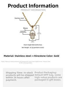 Detail showing gold Hamsa Hand pendant dimensions with Austrian rhinestones on twist chain