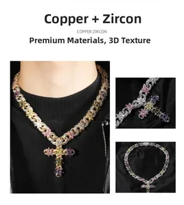 Detail of colorful zircon cross pendant necklace with floral patterns and gold plating