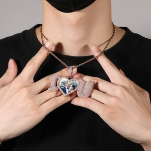 Hip hop rose gold I love you pendant with personalized photo heart and zircon