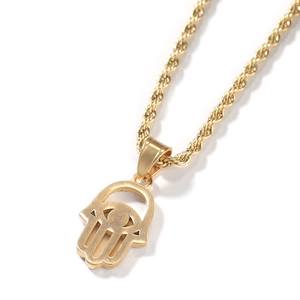 Classic gold Hamsa Hand pendant necklace with evil eye and twist rope chain