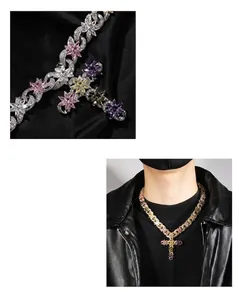 Detailed close-up and model shot of a colorful gemstone cross necklace with zircon flowers