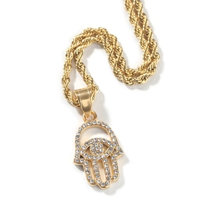 Golden Hamsa Hand pendant necklace with sparkling rhinestones and rope chain style