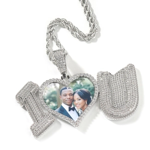 Hip hop silver photo necklace with I love you heart pendant and cubic zirconia