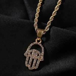 Hamsa Hand Pendant Necklace Stainless Steel Zirconia Evil Eye Hip Hop Jewelry For Men Women Gold Fatima Hand Necklaces Long Rope Chain