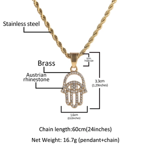 Classic Hamsa Hand pendant necklace with Austrian rhinestones on golden twist chain