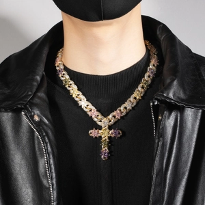 Hip-hop gold plated cross necklace with colorful floral stones and sparkling zircons