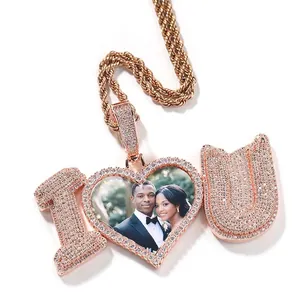 Hip Hop I Love You Heart Photo Frame Pendant Necklace With Rope Chain Bling Zirconia Brass Jewelry For Men