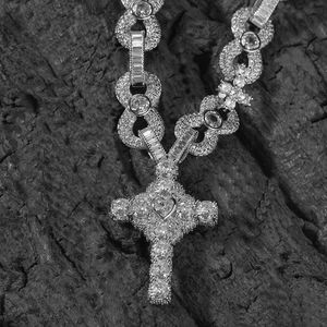 Hip hop cross necklace with figure-eight links and heart-shaped center zircon detail