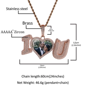 Hip hop rose gold I Heart U photo locket necklace with AAA zircon and rope chain