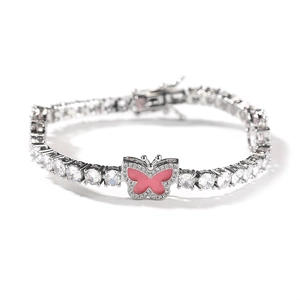 Close-up of silver tennis bracelet featuring pink enamel butterfly and clear zircon stones