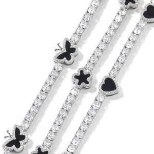 Hip hop silver tennis chain with black enamel butterfly heart charms and clear zircons