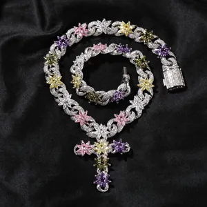 Hip Hop Colorful Ice Flower Cross Pendant Necklace For Men Women Iced Out Zirconia Inlaid Copper Cuban Chain Fashion Jewelry