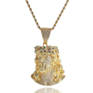 Collier Pendentif Jésus Hip Hop en Cuivre Iced Out Zircone Cubique Portrait Charme Bijoux Streetwear pour Hommes