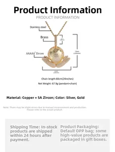 Detailed specs of the gold globe pendant featuring 5A zircons and 60cm stainless chain