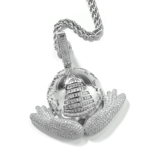 Iced out globe pyramid pendant necklace with 5A zircons and a twisted rope chain for men