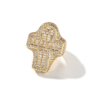 Hip Hop Ankh Cross Ring Copper Inlaid Zirconia Iced Out Retro Fashion Men Jewelry Gold Silver Big Statement Band For Party