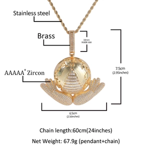 Hip hop necklace with hand holding globe pendant and 5A zircon in 60cm chain