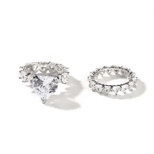 Bague en Zircone en Forme de Cœur Luxe Mariage Fiançailles Laiton Plaqué Argent Alliance Éternité Bijoux Mode Femme Hip Hop