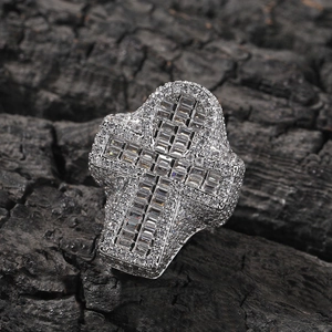 Iced out silver Ankh cross ring for men with brilliant white cubic zirconia stones