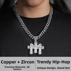 Close-up of triple cross pendant hip hop necklace set with cubic zirconia and cuban chain