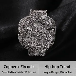 Macro detail of iced-out silver dollar sign hip hop ring with cubic zirconia