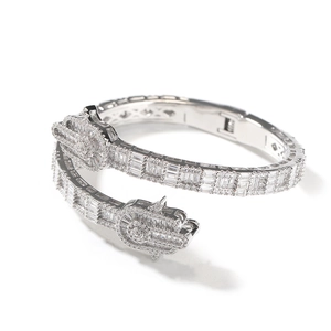 Detail of silver-tone Hamsa hand bracelet featuring pave-set cubic zirconia crystals