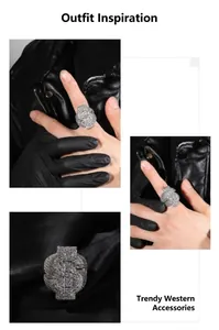 Macro detail of iced out silver dollar sign ring with sparkling white rhinestones