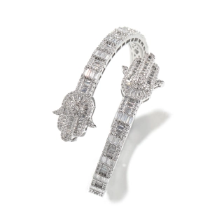Detail view of silver Hamsa hand cuff bracelet with cubic zirconia paving and open design